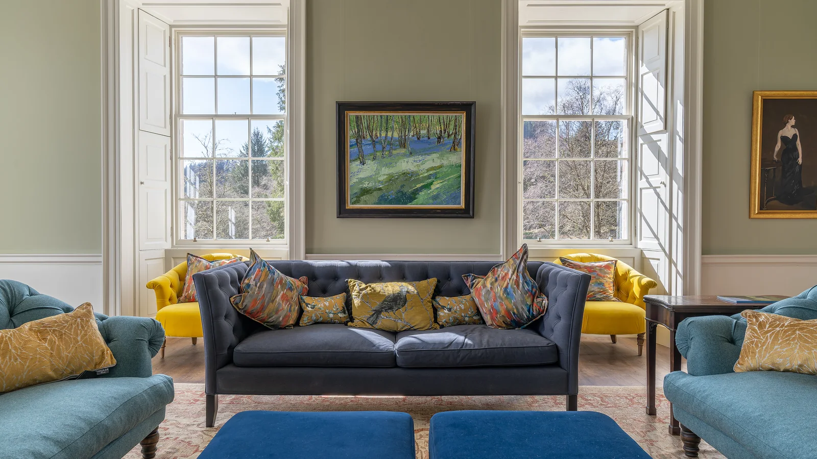 Asknish House, Argyll: the restored drawing room, with lime plaster walls, the reinstated cornice and ceiling rose, panelled shutters and a new oak floor