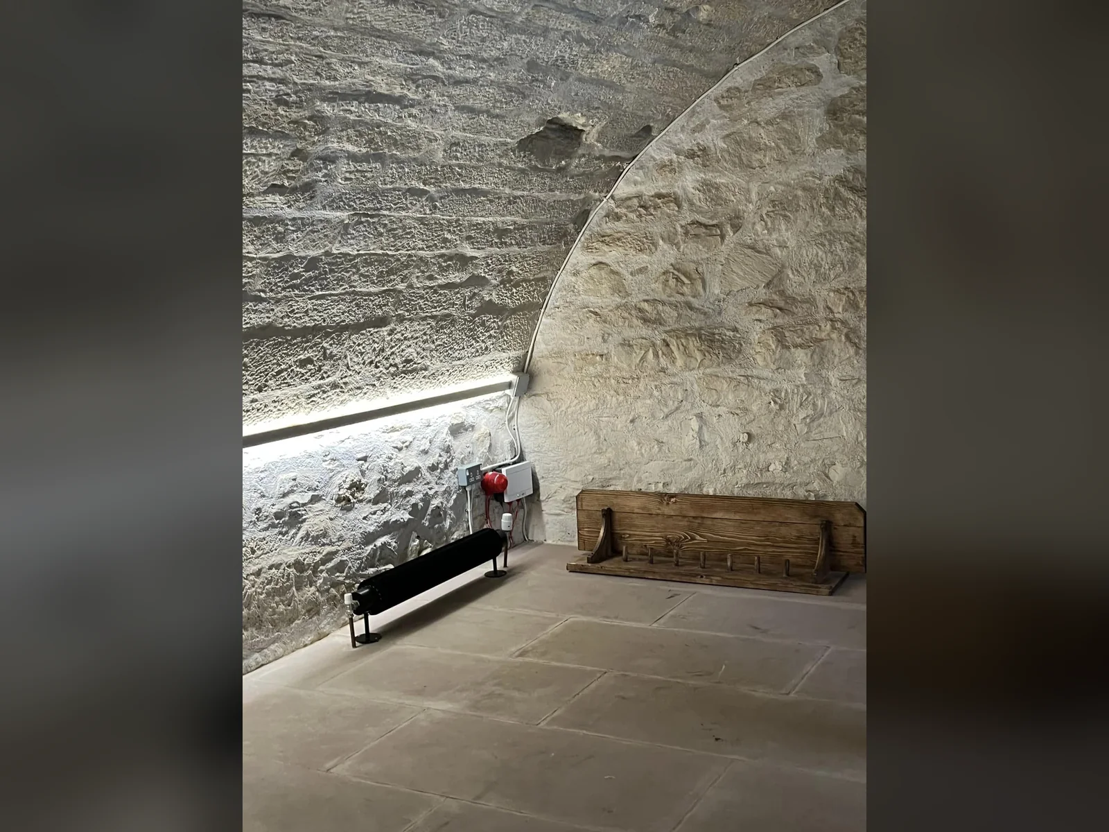 Provan Hall: the limewashed ground floor vault of the north block, the modern paint removed and the masonry repointed in lime