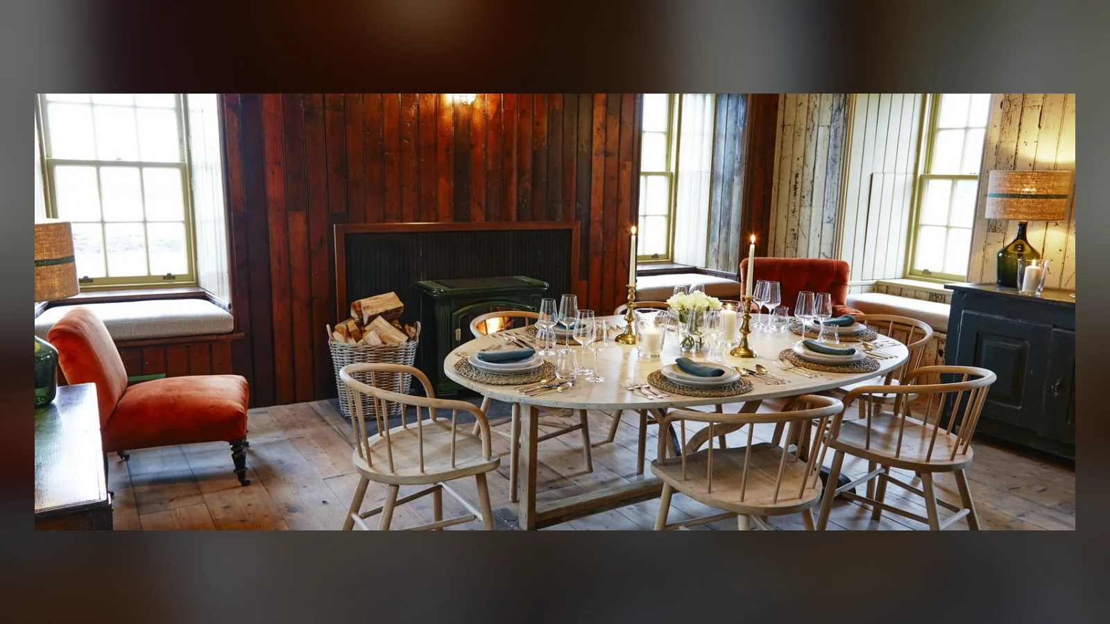Rodel House, Isle of Harris: the gathering room, with timber panelling and lining, a new hearth and the reclaimed timber floor fitted out by our joiners