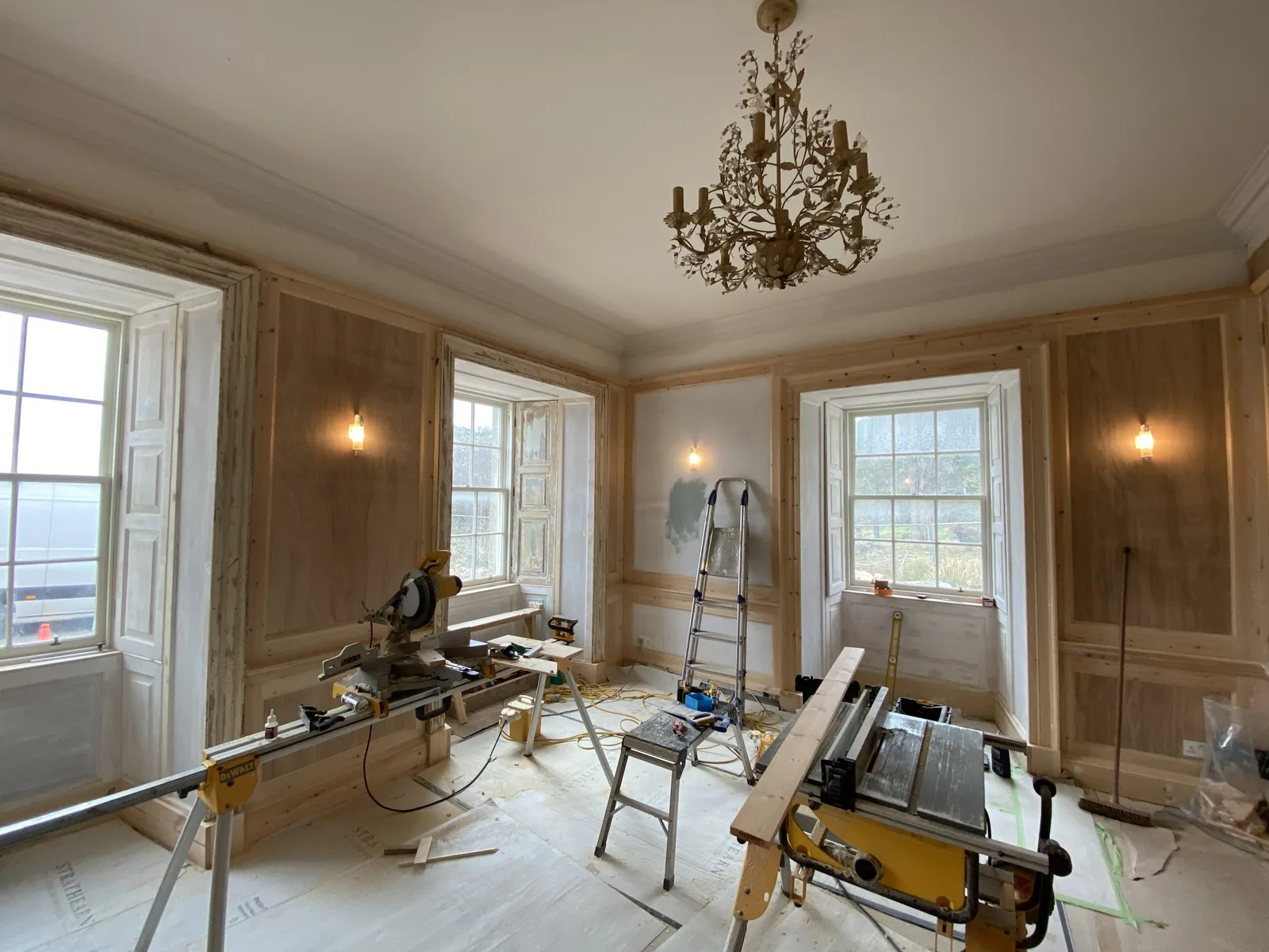 Asknish House: panelling going back into the drawing room during the works