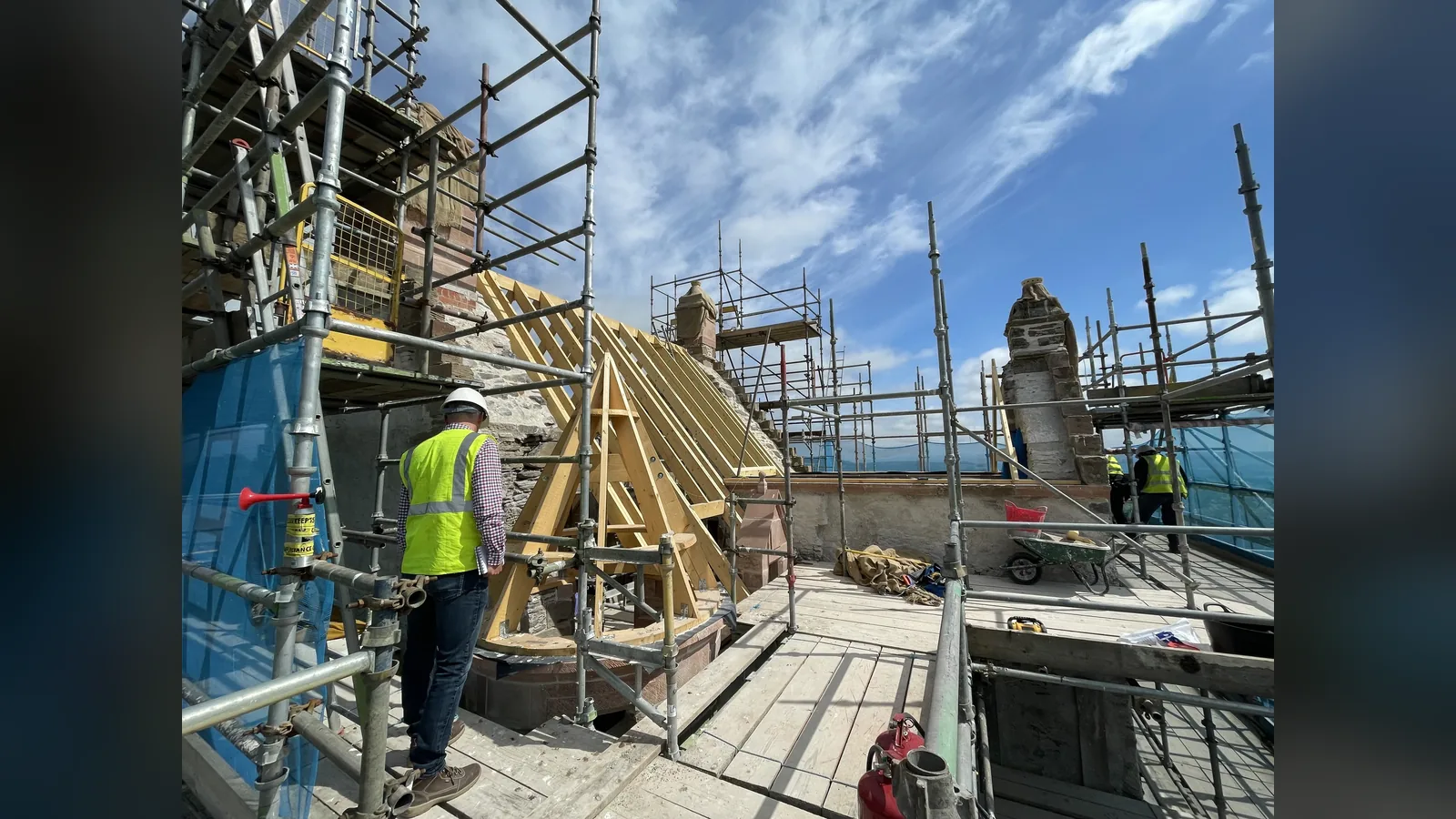 Fairburn Tower, Muir of Ord: new roof timbers going up on the restored wallhead of the 16th-century tower