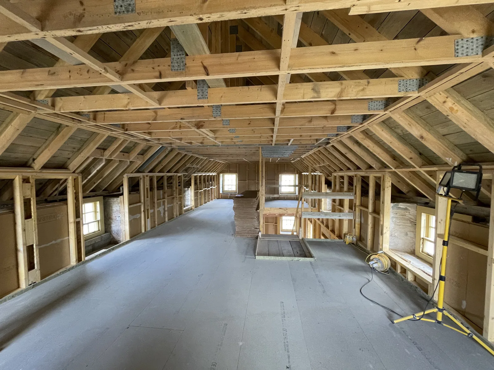 Provan Hall, Easterhouse: new stud framing and ceiling joists forming rooms in the south block roof space