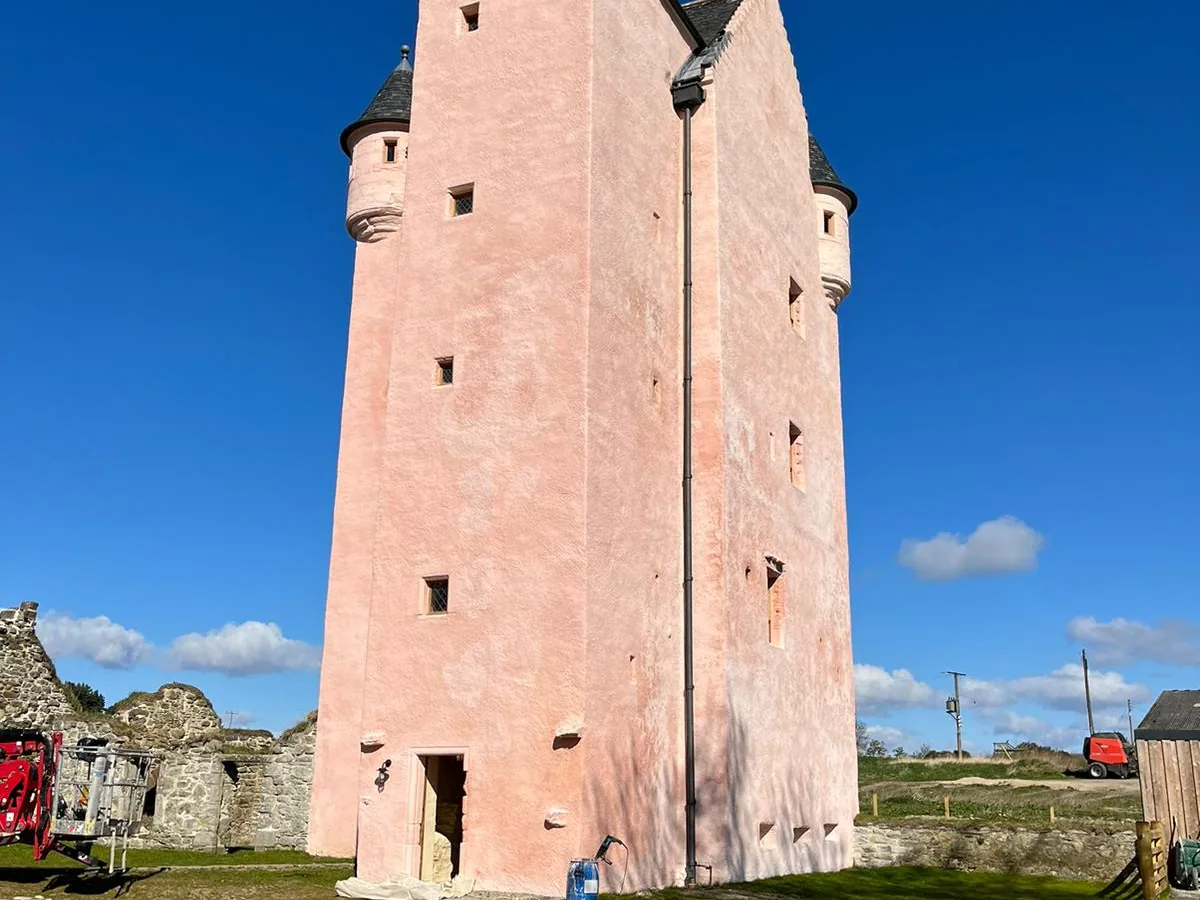 Craigievar Castle during re-harling for the National Trust for Scotland