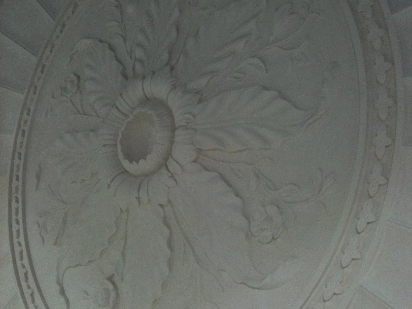 The same rose close to: acanthus and flowers around the central boss, before the ceiling was decorated