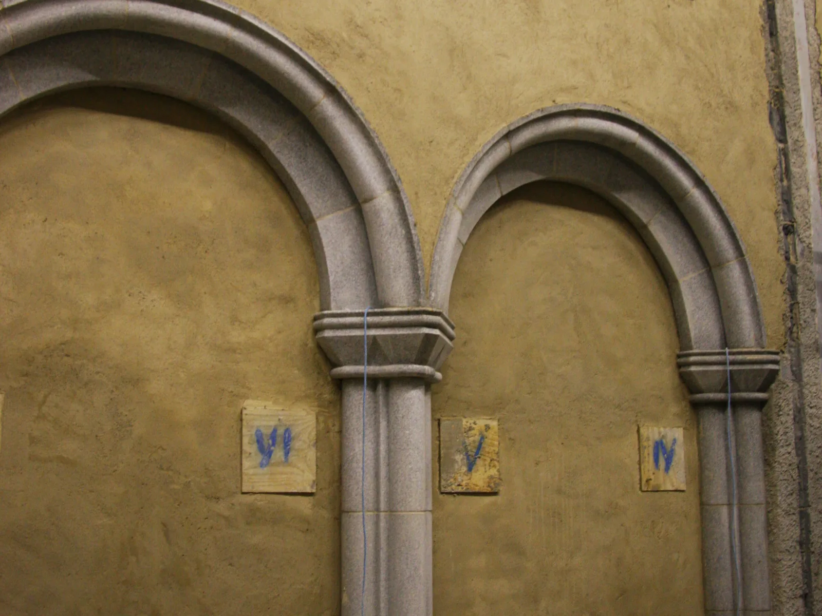 Ben Alder Chapel: three-coat lime plaster floated between the granite arcading and clerestory of the new estate chapel