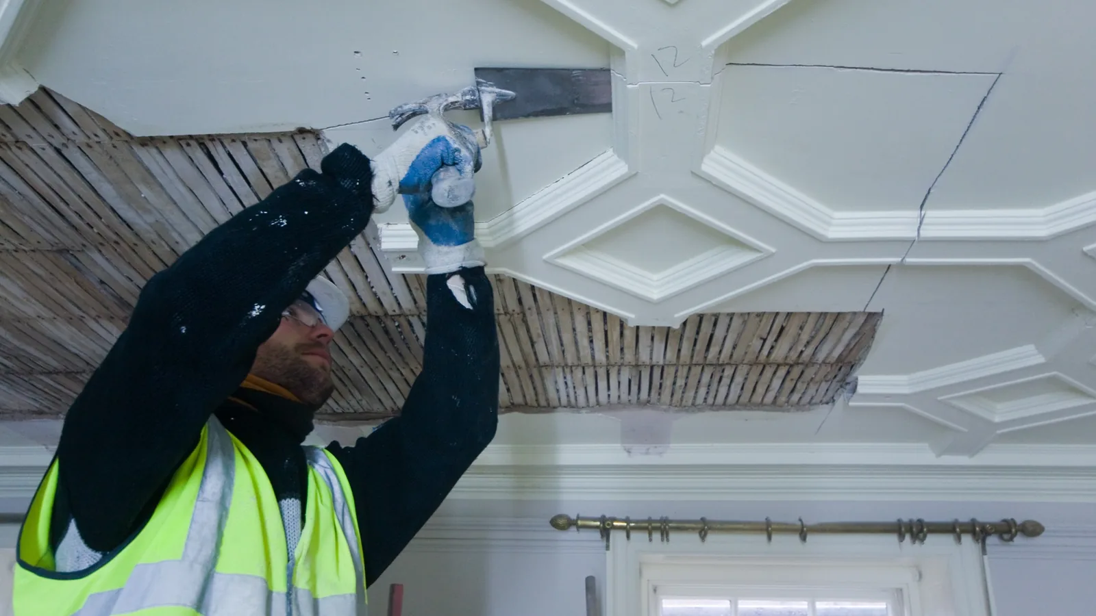 Aultmore House, Nethy Bridge: patching the coffered stairwell ceiling in lime, coffer by coffer