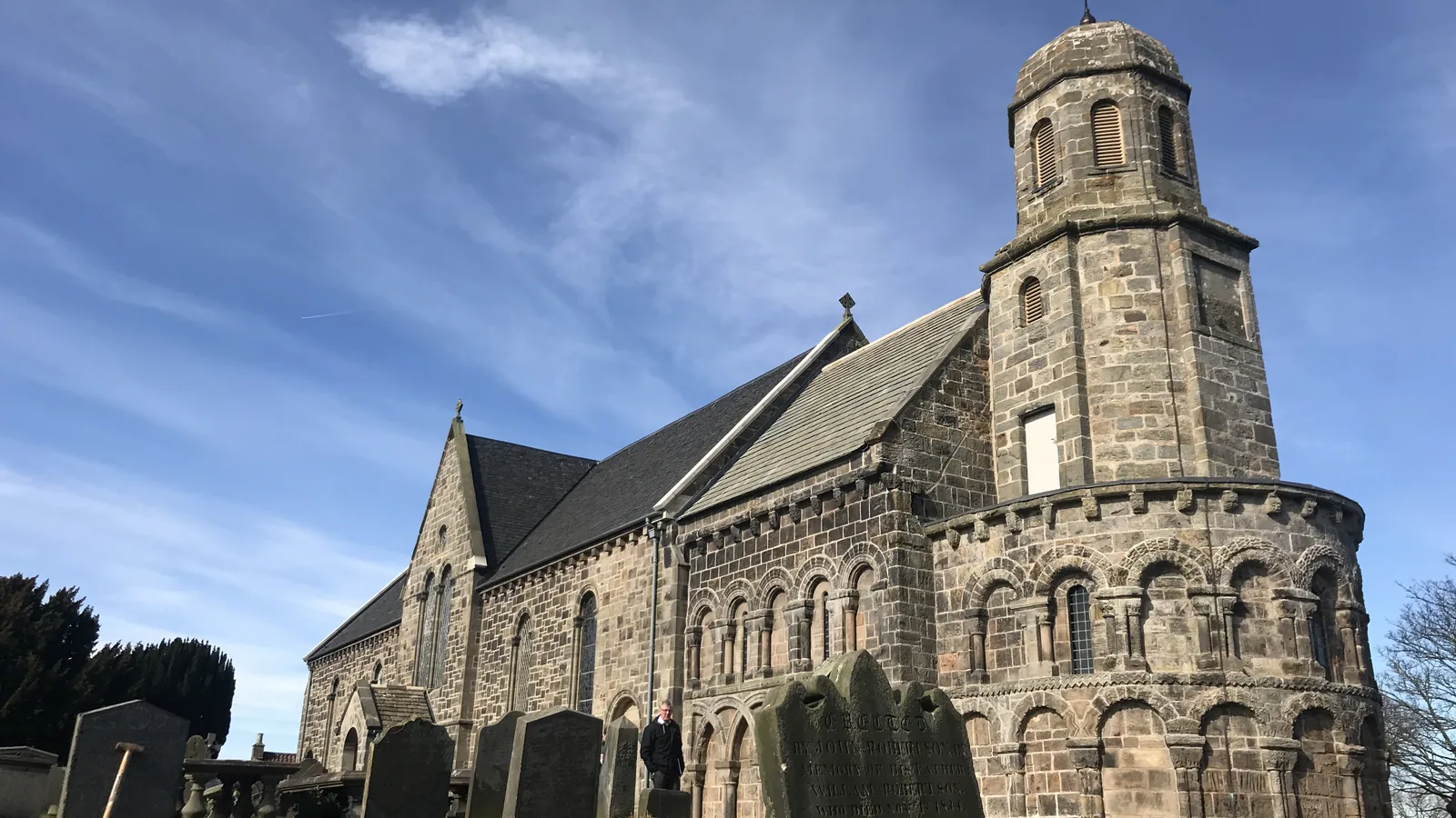 St Athernase Church, Leuchars: the nave re-slated in Scotch slate and the chancel in new stone slate, beneath the 1746 tower