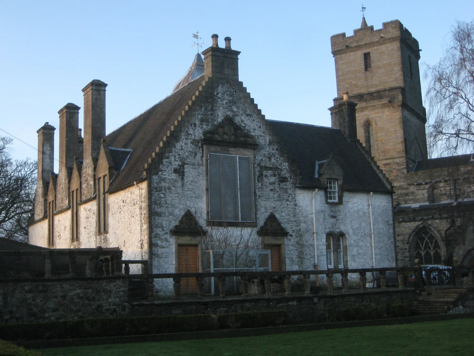 Cowane's Hospital, Stirling, as found: the seventeenth-century almshouse painted and cement pointed, with moisture trapped behind the coatings