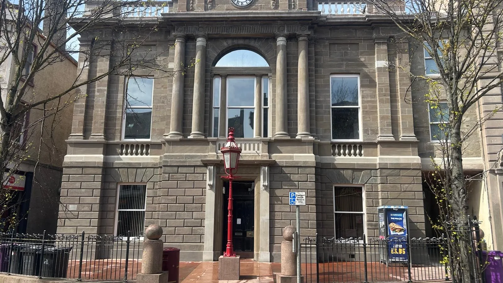 Arbroath Courthouse after cleaning: the sandstone front descaled and DOFF cleaned, the lime repairs and new stone blended in