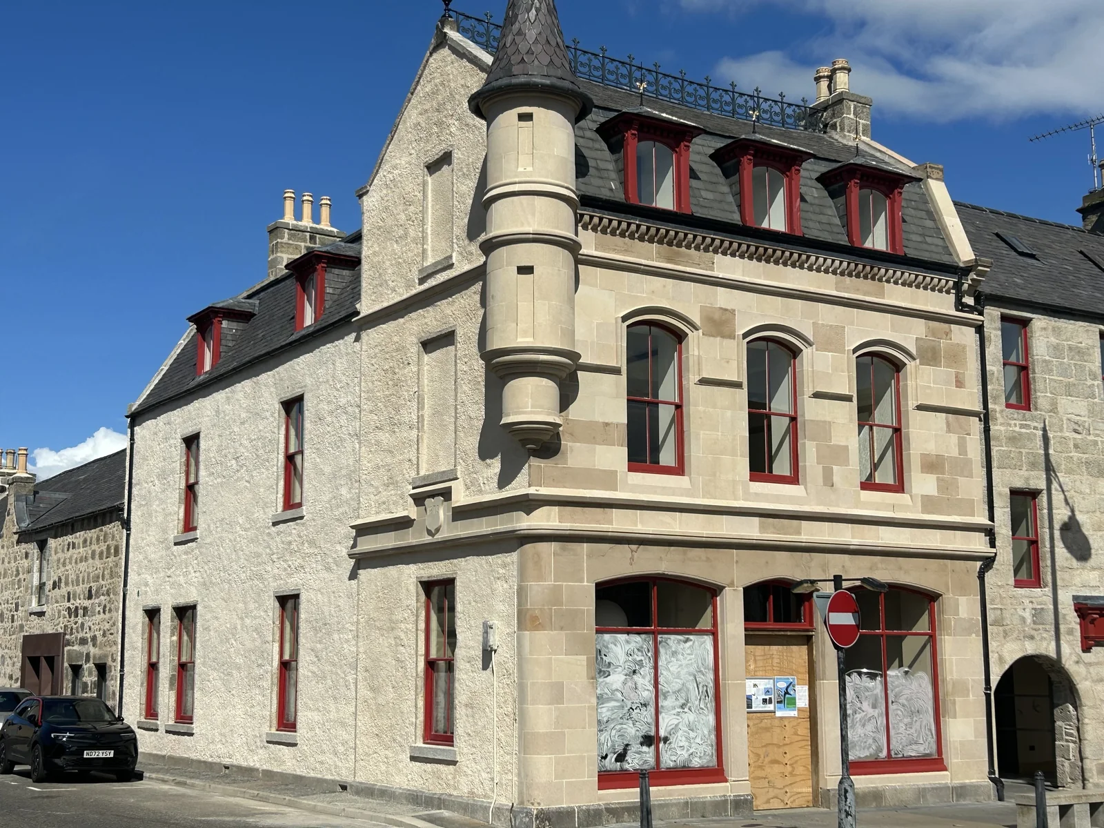 30 The Square, Huntly: the granite and sandstone frontage DOFF cleaned and the corner turret rebuilt