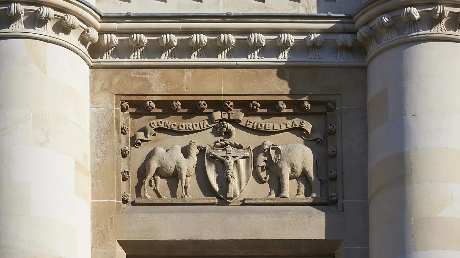 Inverness Town House: one of the carved armorial panels on the High Street front, with the burgh's camel and elephant supporters, conserved in place