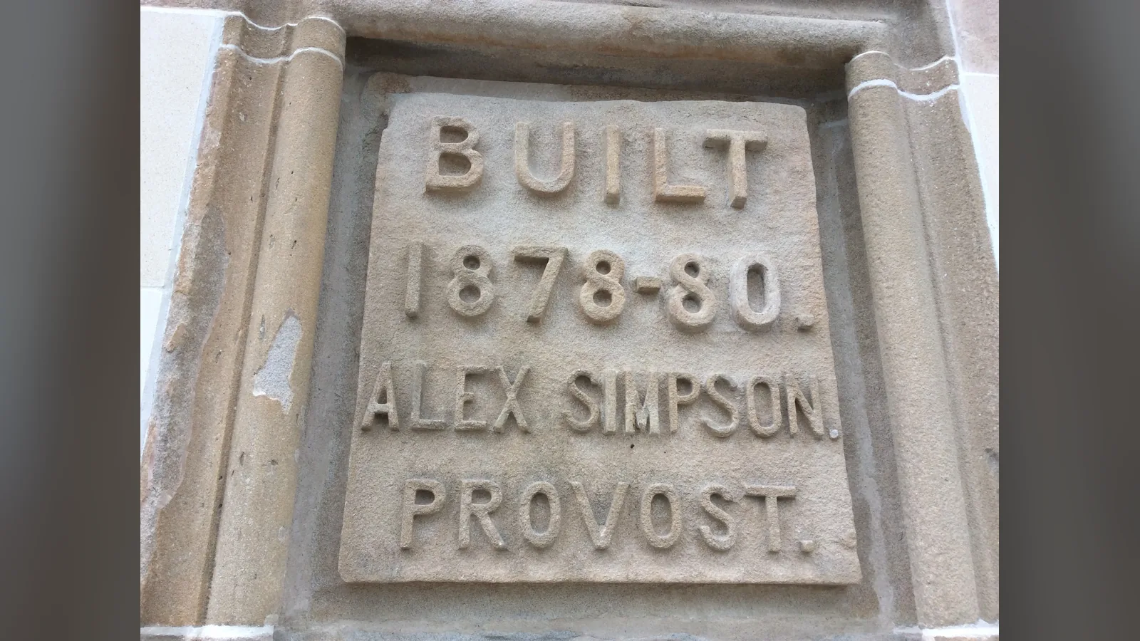 The finished date stone: Built 1878 to 80, Alex Simpson, Provost, the lost letters rebuilt over stainless steel pins and standing proud of the face as they were cut