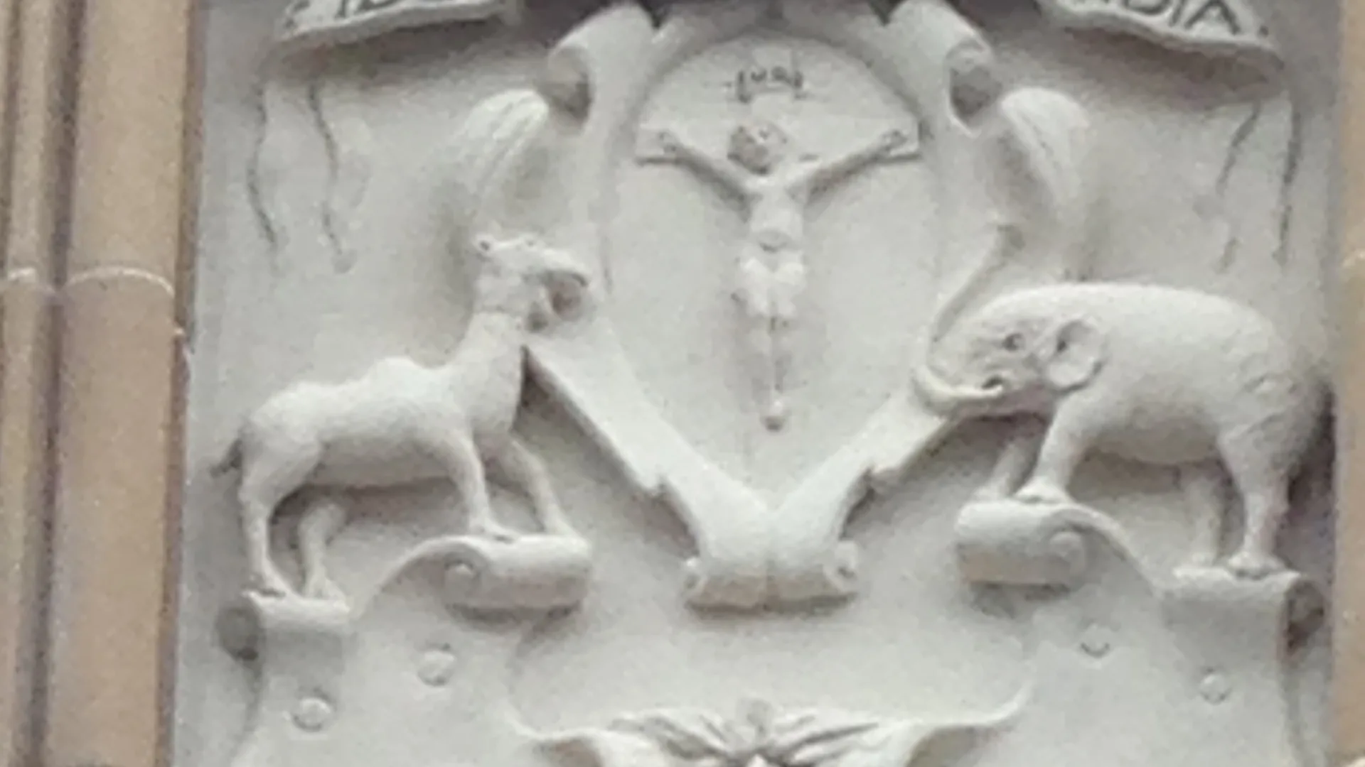 The 1686 burgh arms of Inverness on the Town House, cleaned and conserved by our in-house conservators: the camel and elephant supporters either side of the crucifixion shield