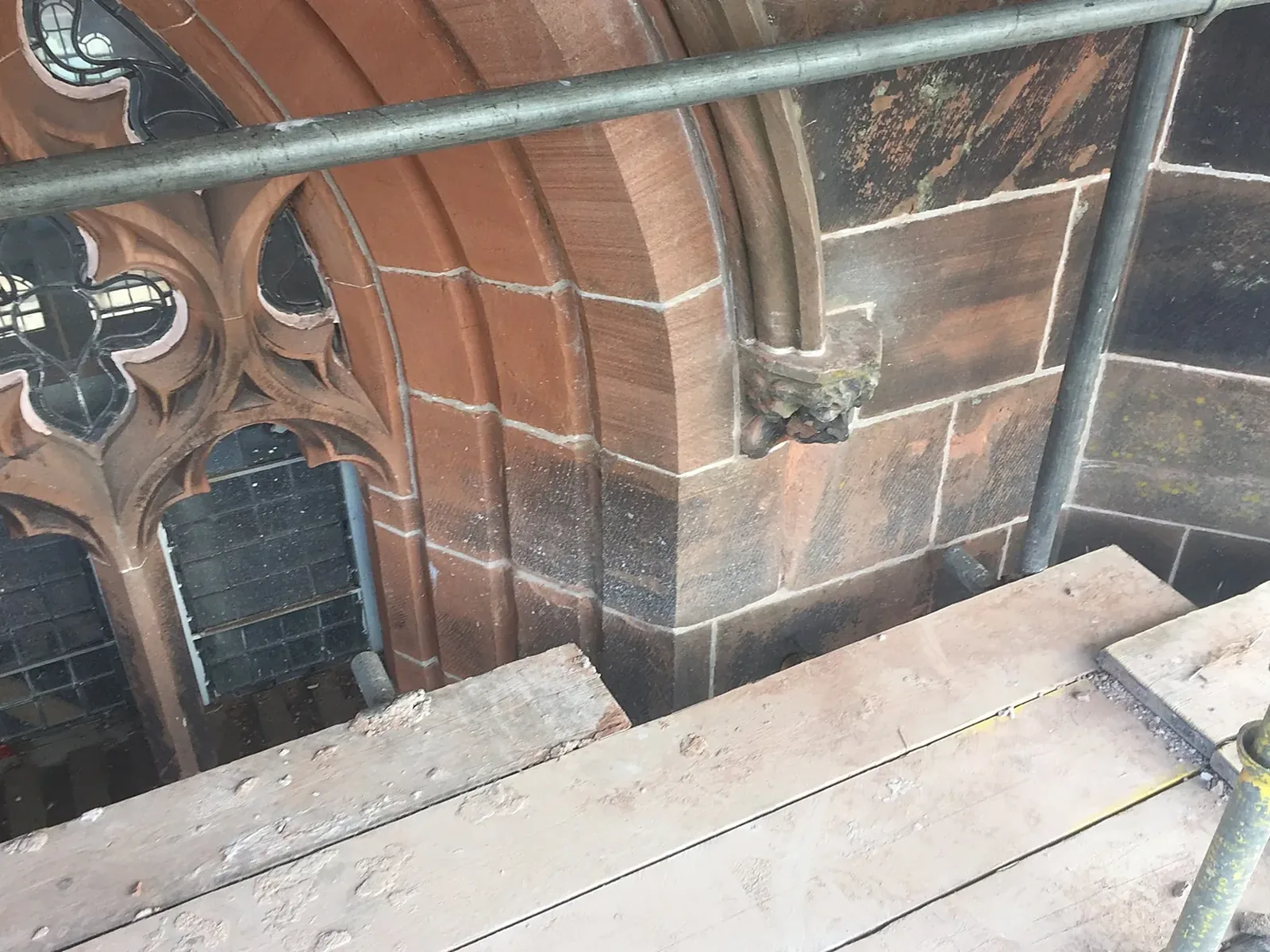 Alexander Scott's Hospital, Huntly: the restored porte-cochère tower, its new hand-carved finials, string courses and tracery in matched Auchindoir sandstone