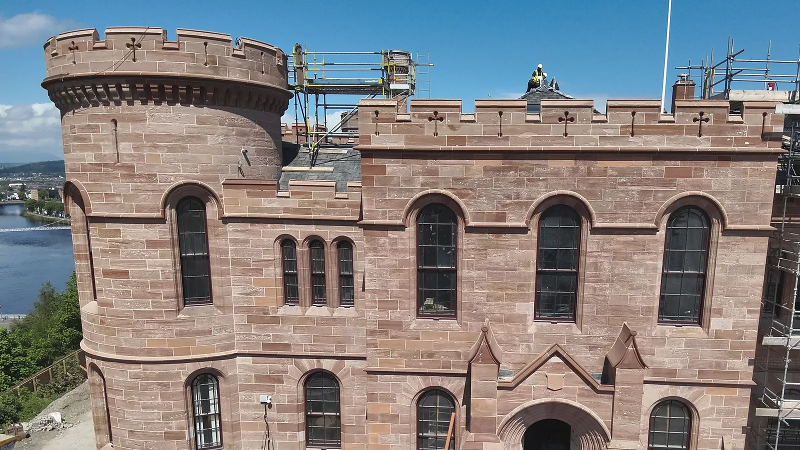 Inverness Castle: the red sandstone towers after stone replacement, lime repointing and cleaning, as sub-contractor to Bancon Construction for The Highland Council