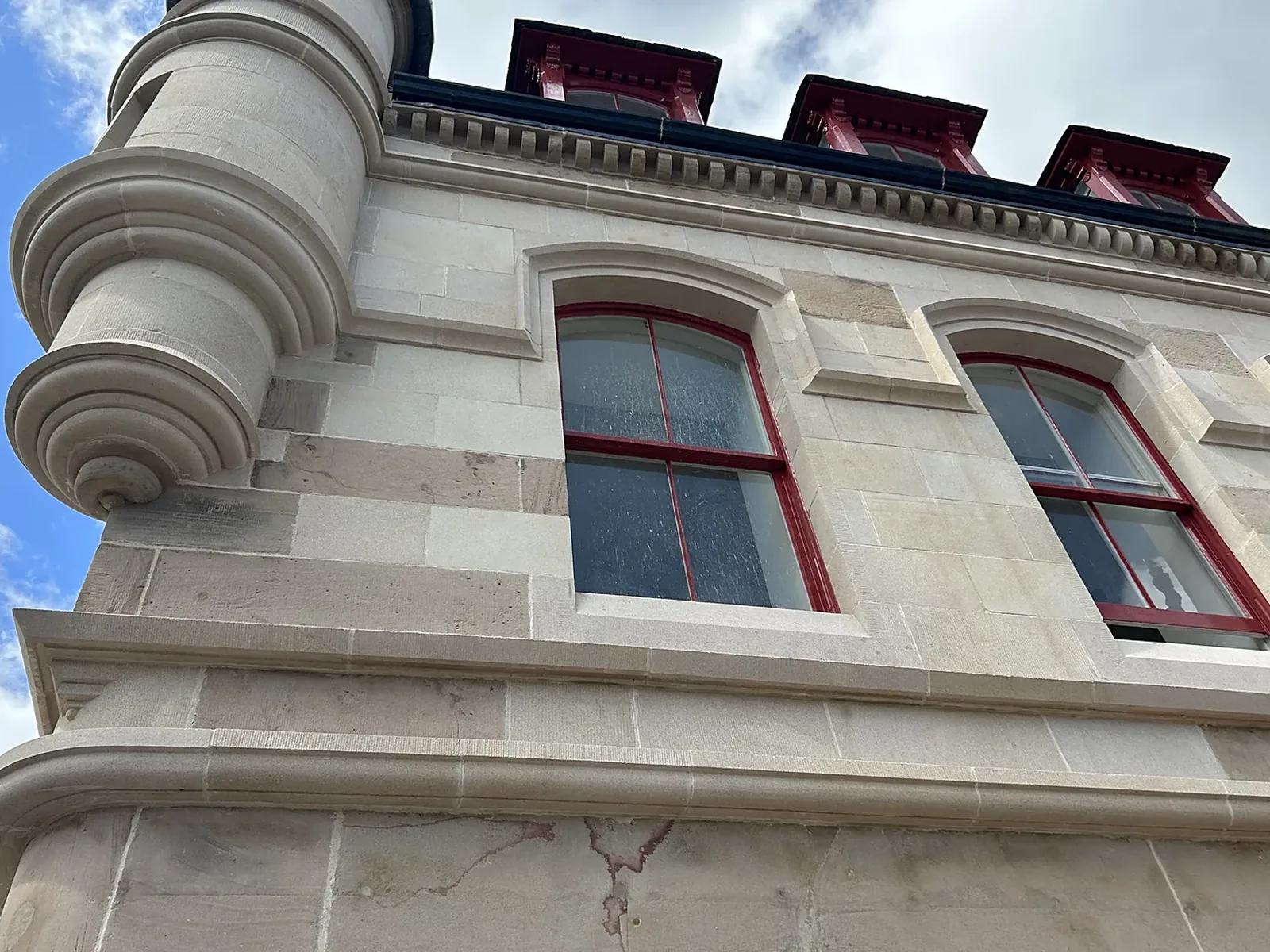 30 The Square, Huntly: new carved and radiused string courses and the rebuilt turret, close up