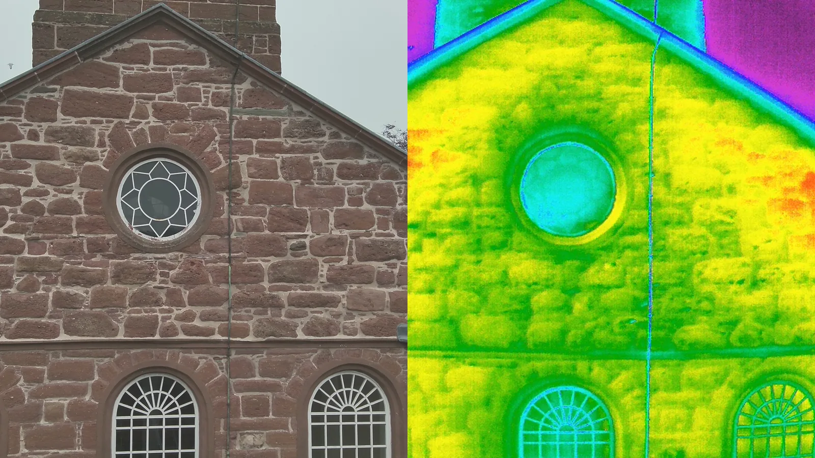 Kirriemuir Parish Church: the west gable in visible light and in the thermographic image from the same drone pass, the cold blue patches showing where moisture sits in the wall