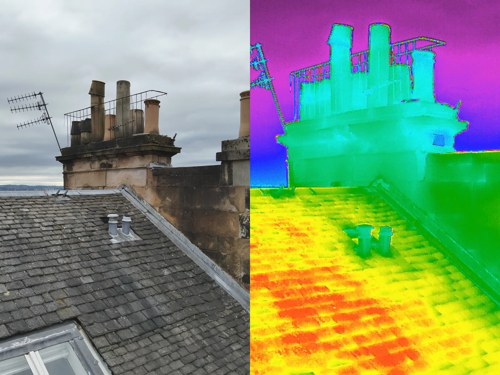 The rear chimneys at Cleveden Crescent in visible light and in the thermographic image