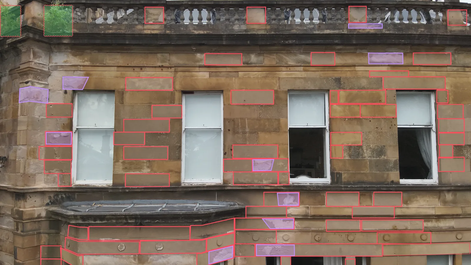 The front elevation marked up stone by stone, with each repair colour coded for the schedule of work