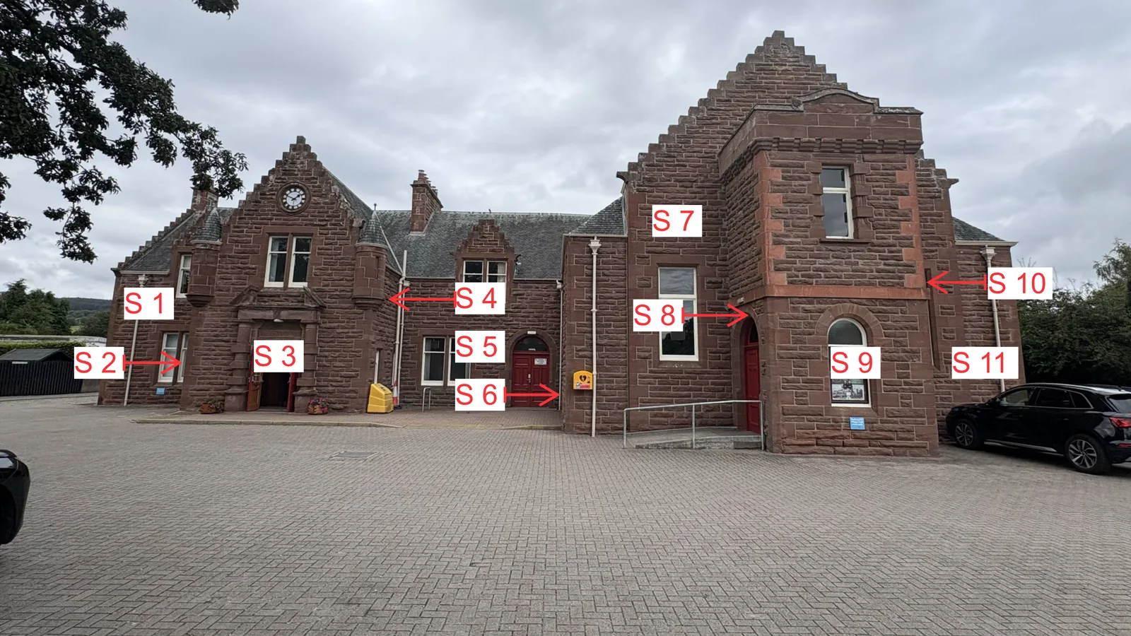 Phipps Hall, Beauly: the south elevation plan, each bay numbered so that the findings, the repairs and the budget costs read across the same drawing