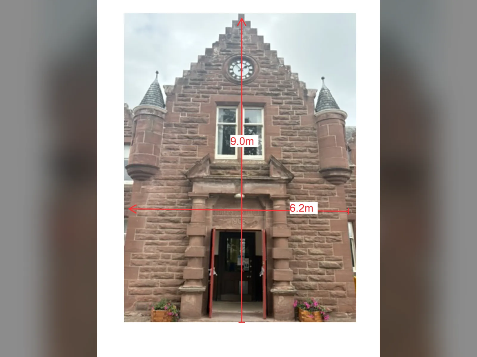 The 1903 entrance tower with its bartizans and clock, one of the annotated survey elevations