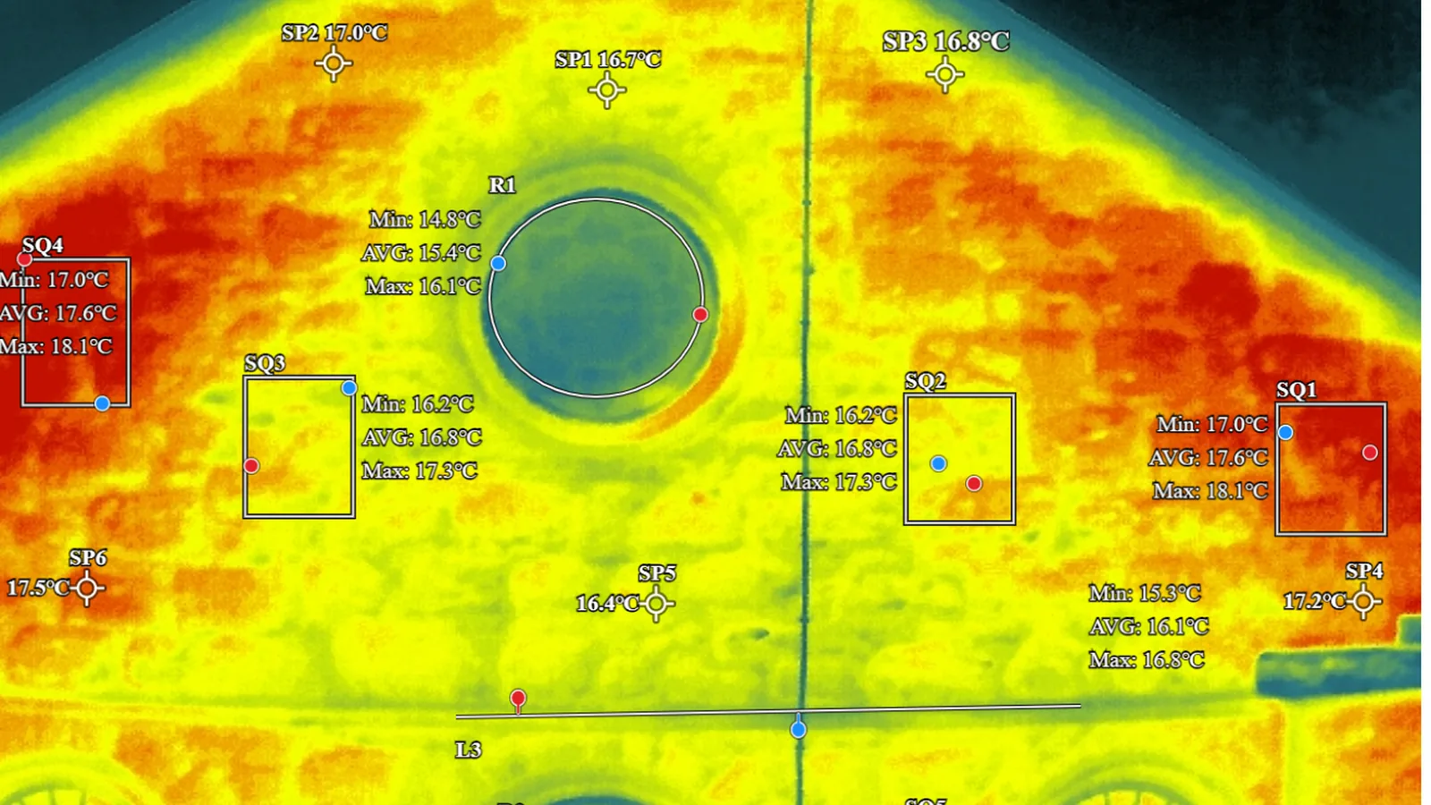 The west gable thermographic analysis: datum points and areas plotted on the thermal image with minimum, average and maximum temperatures for each