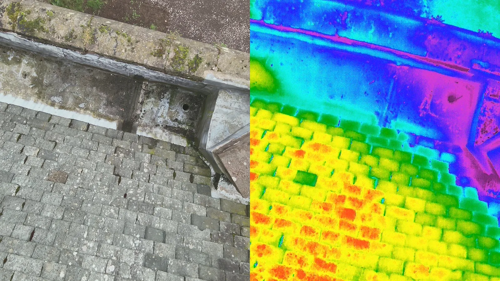 Lowson Manse, Forfar: the slated roof in visible light and in the thermographic image, the cold band along the gutter showing where water is held